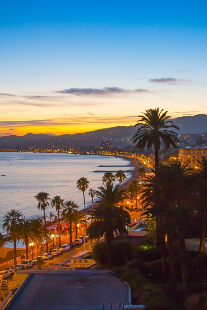 The city of Cannes at sunset.